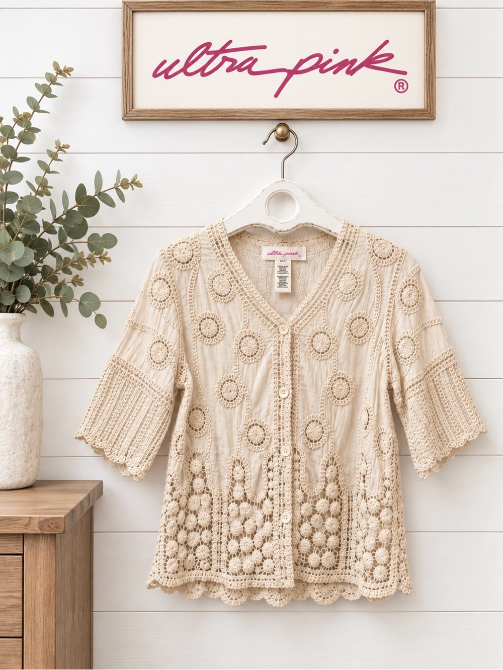 ULTRA PINK Cream Crochet Cotton Cardigan Size S/P